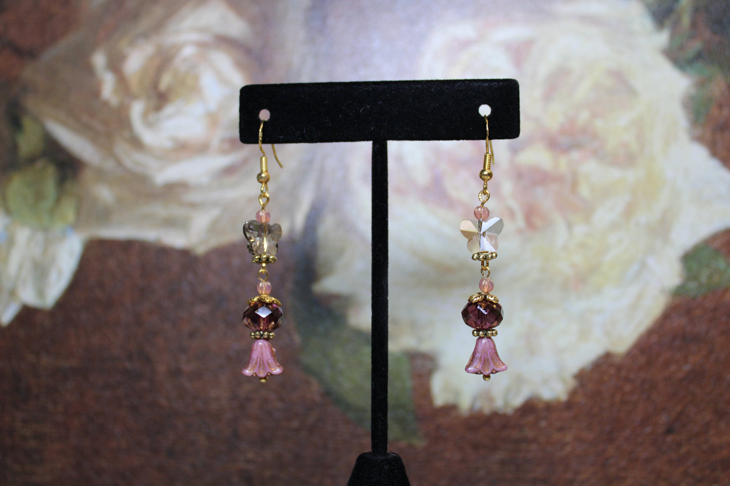 Pink Czech crystal drop earrings, long earring, butterfly earrings / Victorian earrings