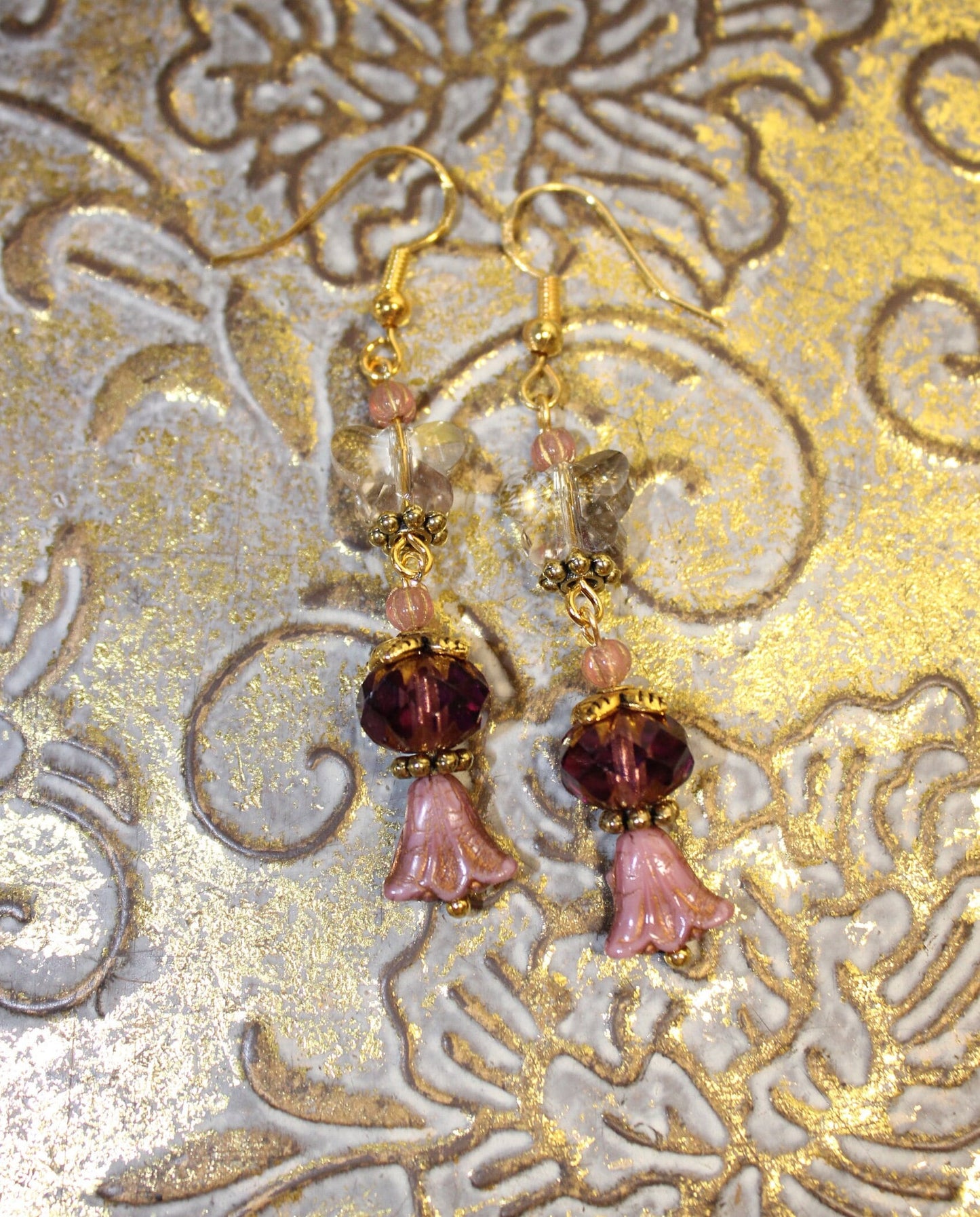Pink Czech crystal drop earrings, long earring, butterfly earrings / Victorian earrings