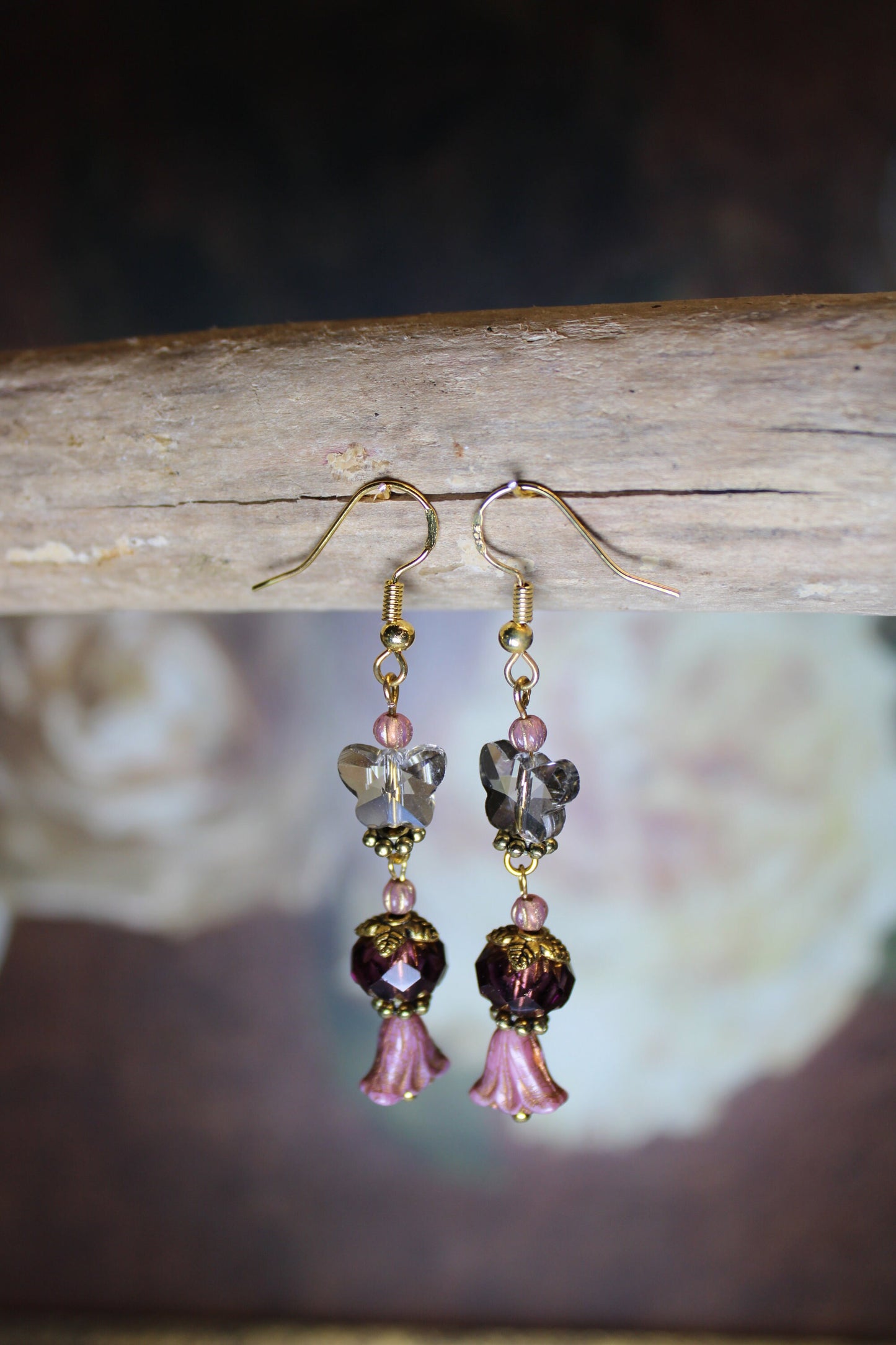 Pink Czech crystal drop earrings, long earring, butterfly earrings / Victorian earrings