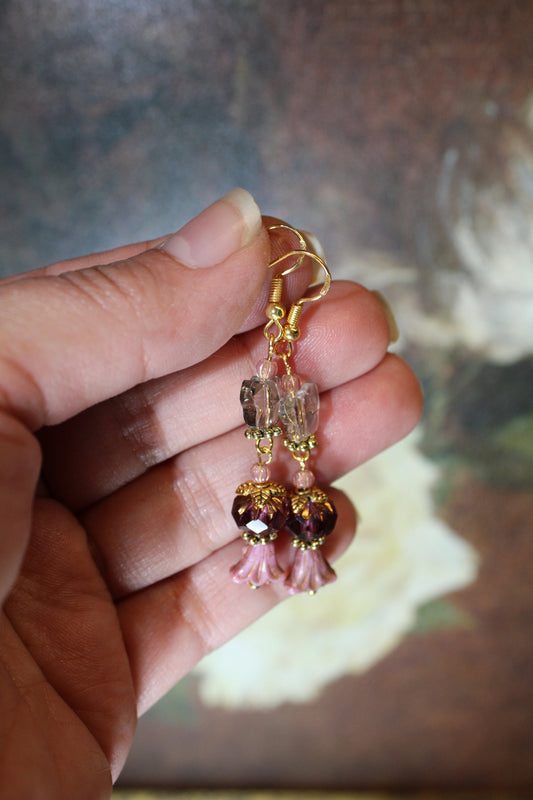 Pink Czech crystal drop earrings, long earring, butterfly earrings / Victorian earrings